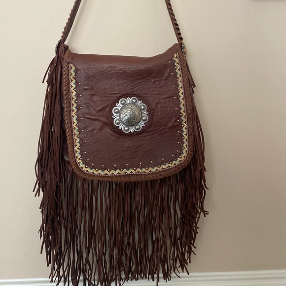 Brown leather America Tribe handbag with fringe - Picture 1 of 4